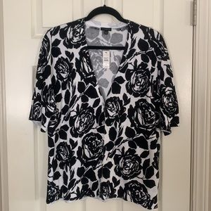 Talbots Black/White Rose Print Cardigan Top XL